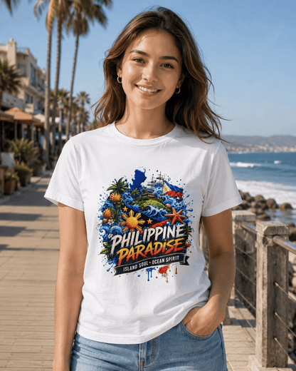 White crewneck T-shirt with 'Philippine Paradise' island-ocean graphic