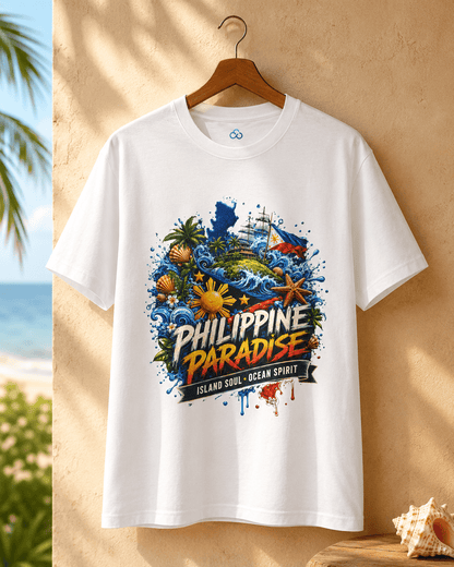 White T-shirt on hanger with 'Philippine Paradise' island-ocean graphic