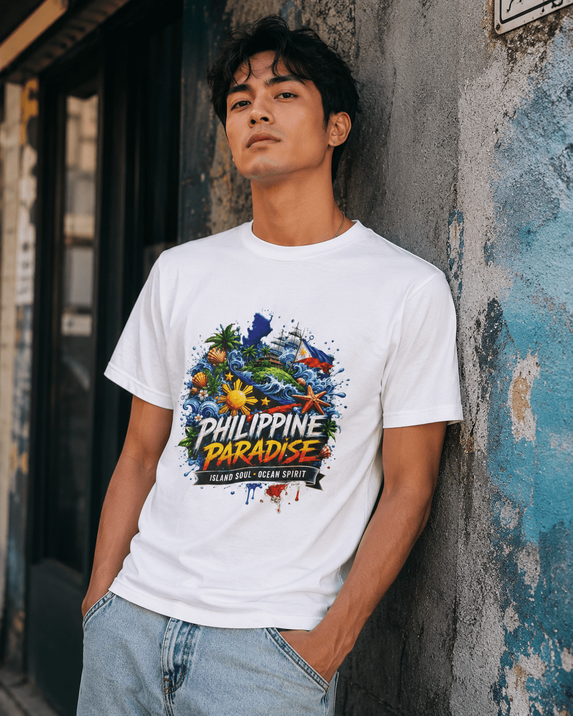 White crewneck T-shirt with 'Philippine Paradise' island-ocean graphic, side worn view