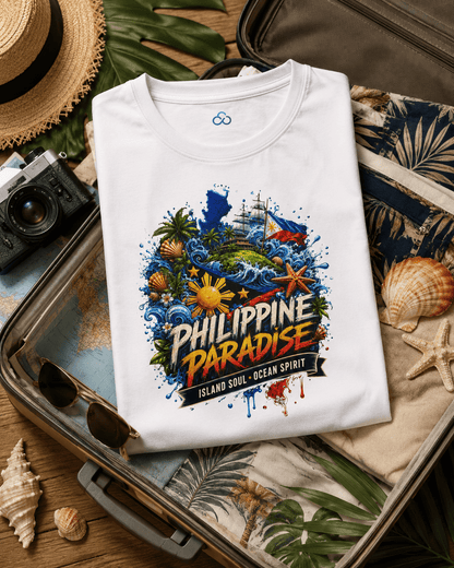 Folded white crewneck T-shirt with 'Philippine Paradise' island-ocean graphic