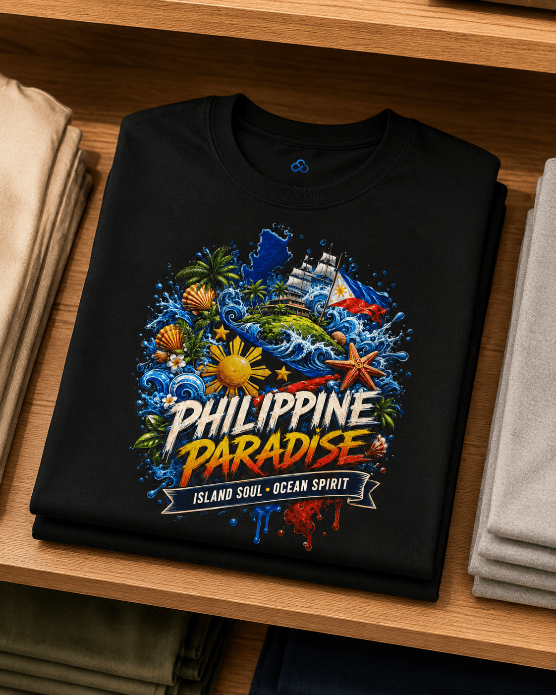A black folded graphic T-shirt displayed on a wooden shelf, featuring a colorful tropical 'Philippine Paradise' design with waves, a ship, flowers, and the text 'Island Soul - Ocean Spirit'.