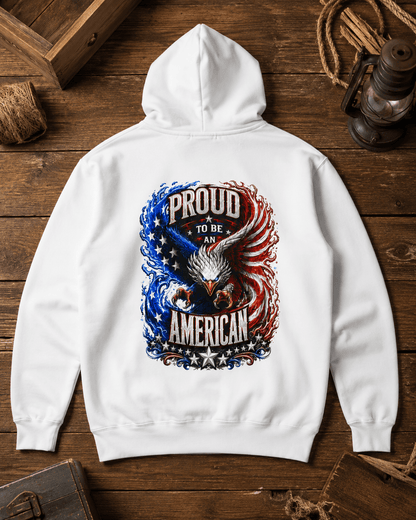 White hoodie with hood and front pocket; Proud American eagle graphic with stars