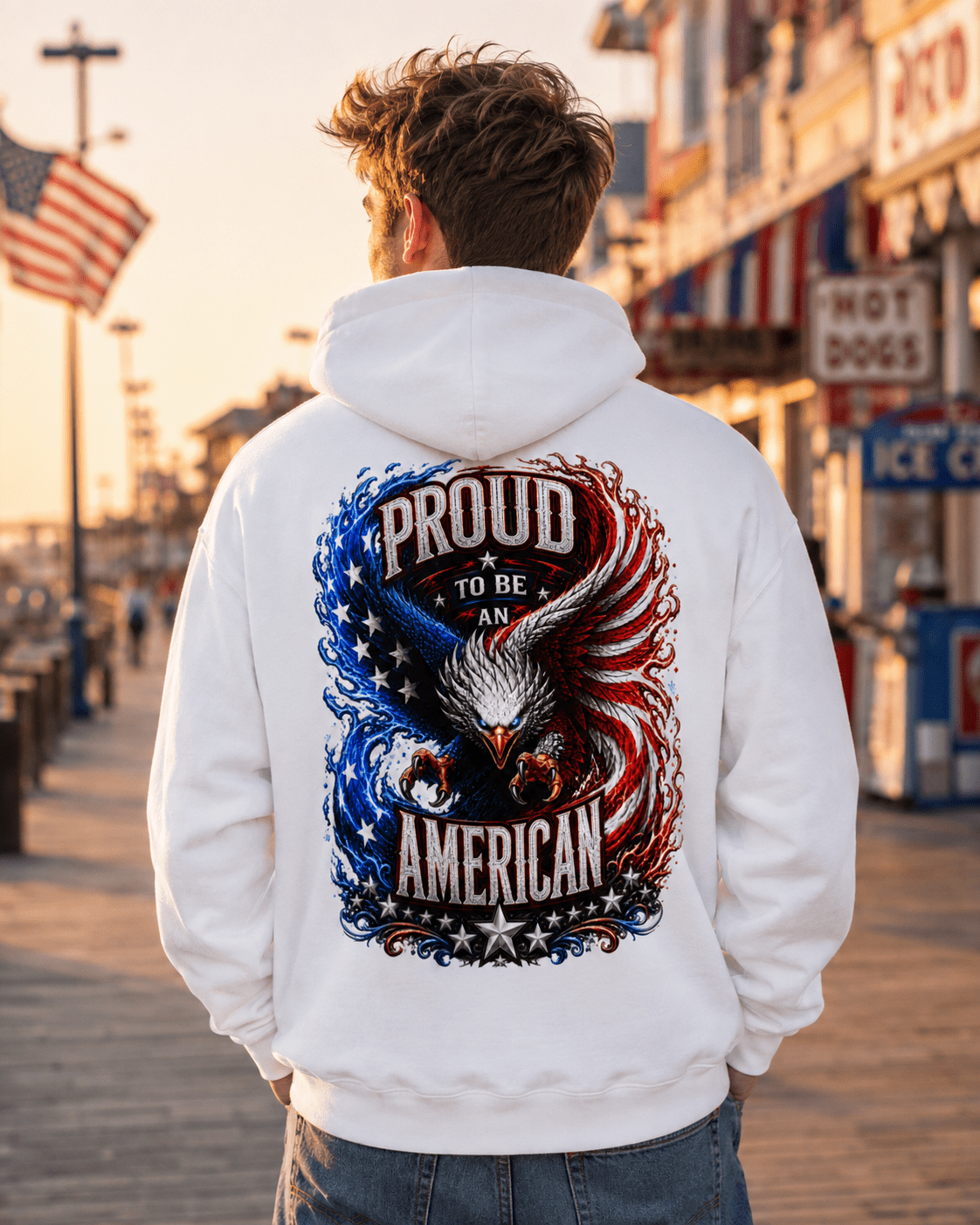 White hoodie worn, back view; Proud American eagle graphic in red, blue, and white