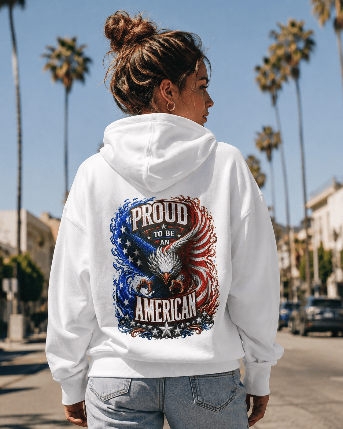 White hoodie, back view with Proud American eagle graphic in red, white, and blue