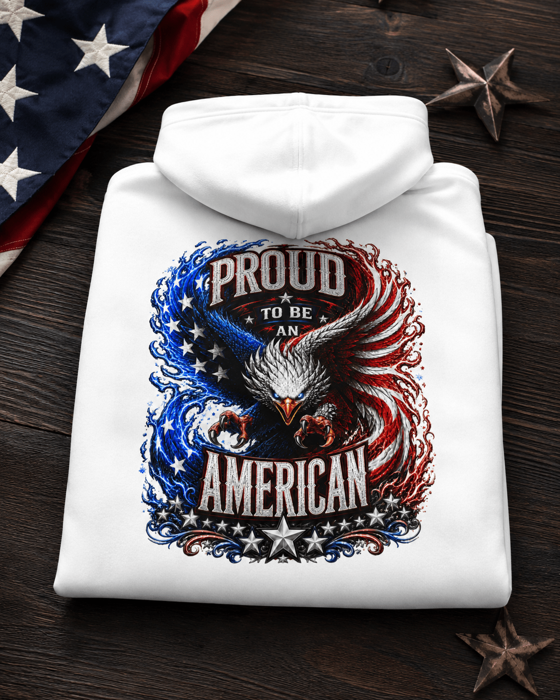 White hoodie folded display; large Proud American eagle graphic on the back