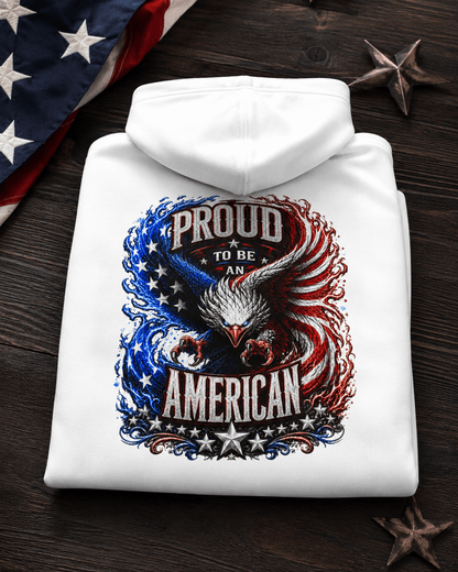 White hoodie folded display; large Proud American eagle graphic on the back