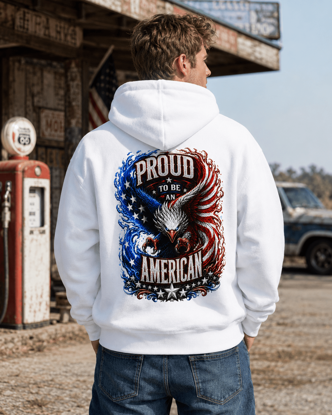 White hoodie back view; Proud American eagle graphic with patriotic stars and stripes