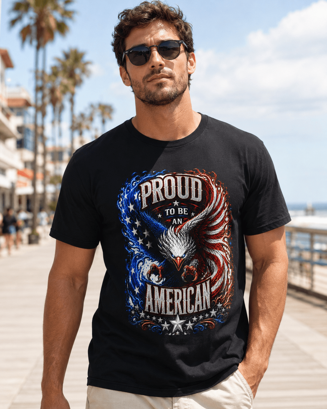 A man wearing a black graphic t-shirt with a patriotic eagle design and the text 'PROUD TO BE AN AMERICAN', standing on a sunny boardwalk with palm trees and the ocean in the background.