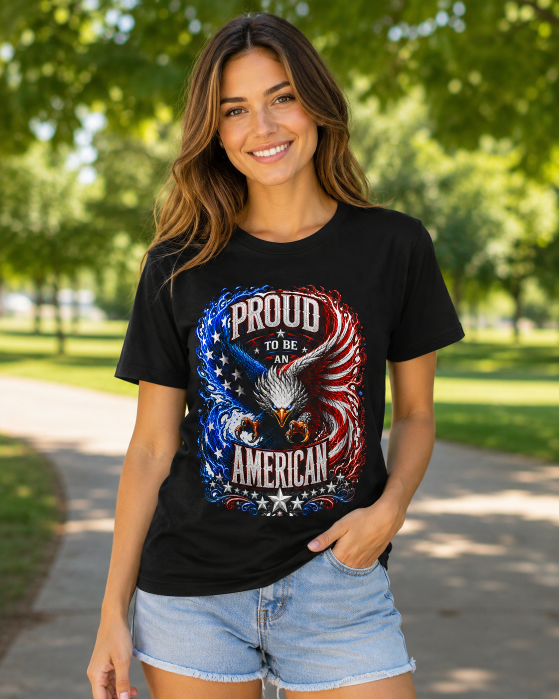 A woman wearing a black graphic t-shirt with a patriotic eagle design and the text 'PROUD TO BE AN AMERICAN', paired with light blue denim shorts, standing outdoors on a park path.