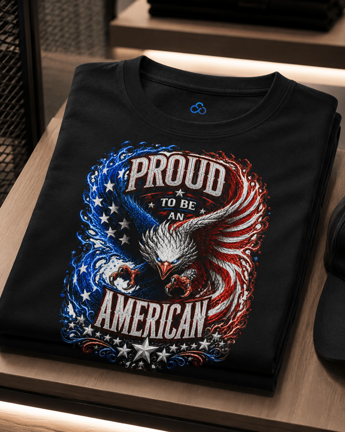 A folded black t-shirt displayed on a wooden shelf, featuring a large graphic print of an eagle with the text 'PROUD TO BE AN AMERICAN' in white, surrounded by red and blue American flag-inspired patterns.