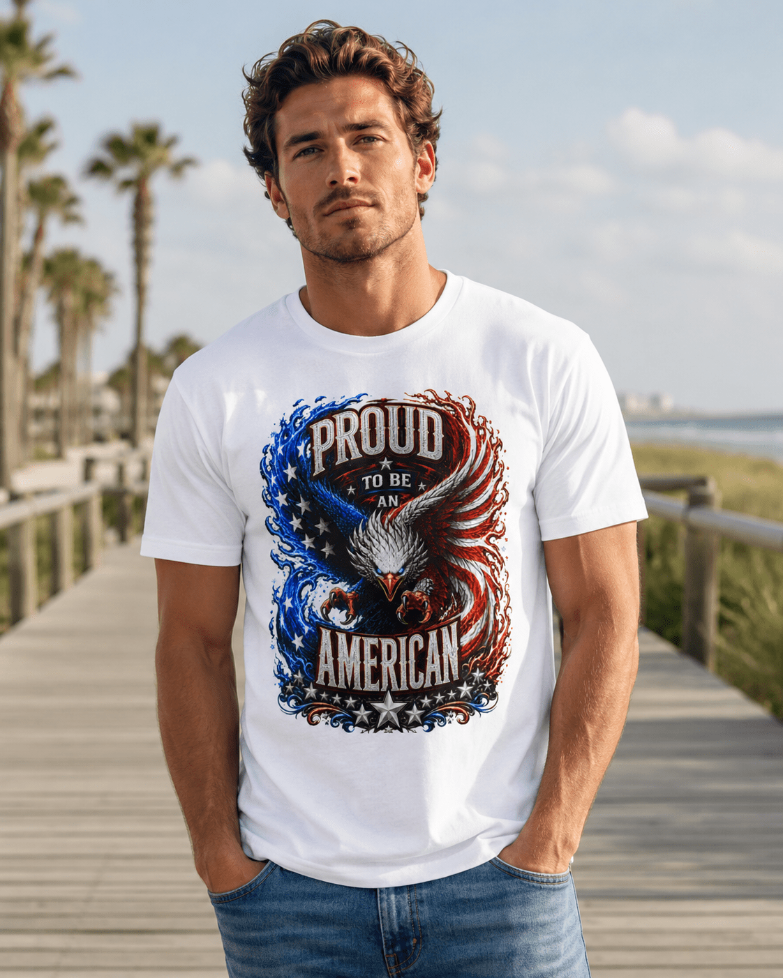 A man wearing a white graphic t-shirt with a patriotic eagle design and the text 'PROUD TO BE AN AMERICAN', standing on a wooden boardwalk outdoors.