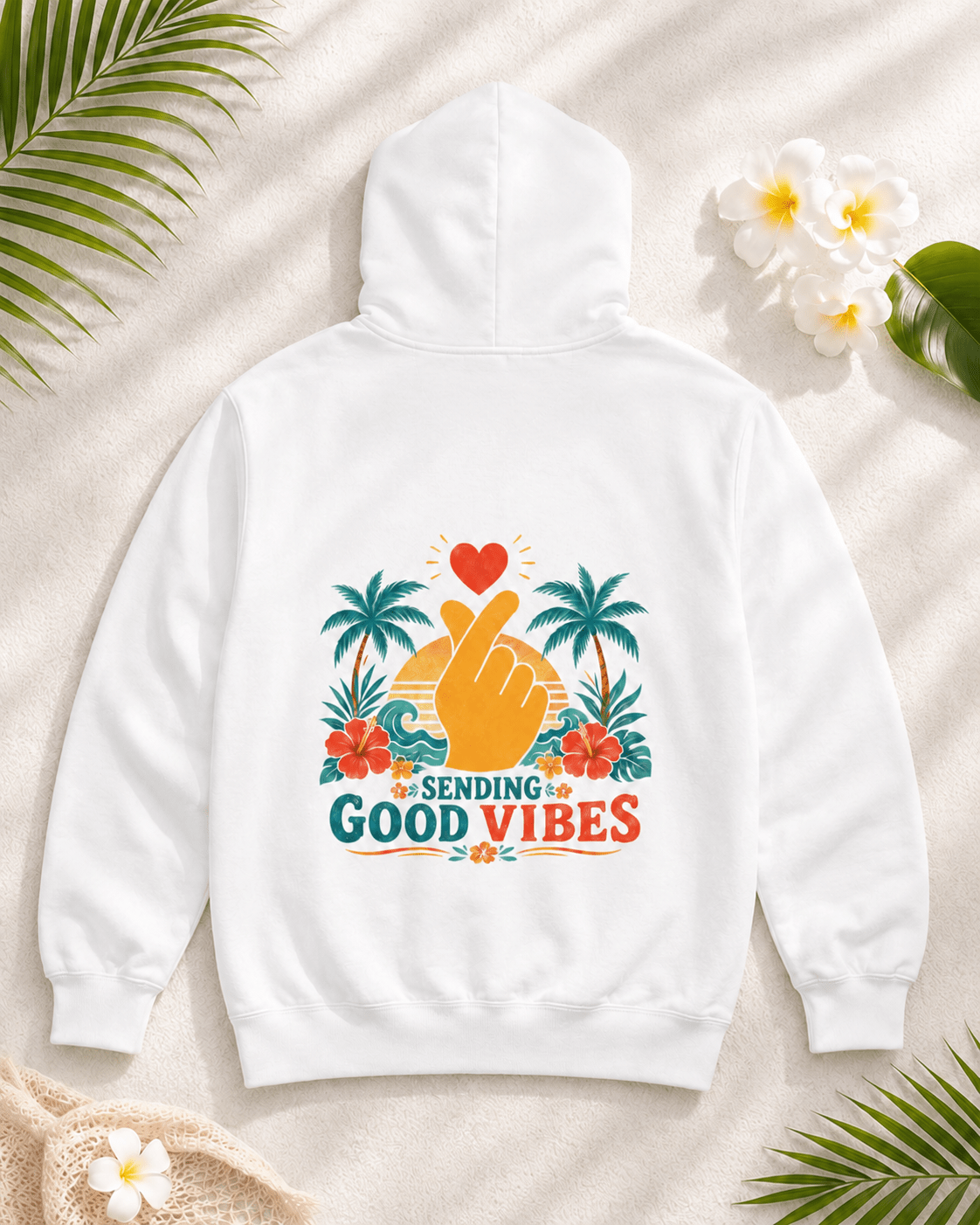 White hoodie with hood and back Good Vibes palm-heart graphic, folded