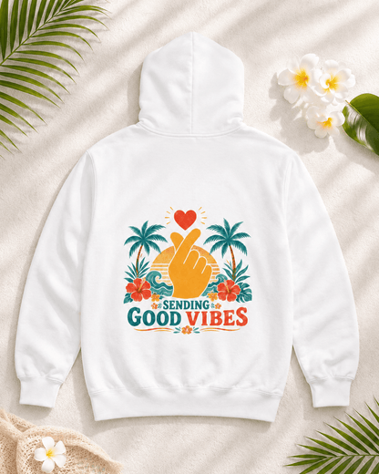 White hoodie with hood and back Good Vibes palm-heart graphic, folded