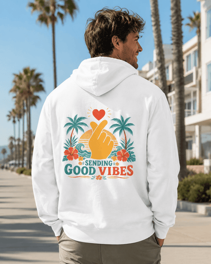 White hoodie with hood and back Good Vibes palm-heart graphic, worn by model
