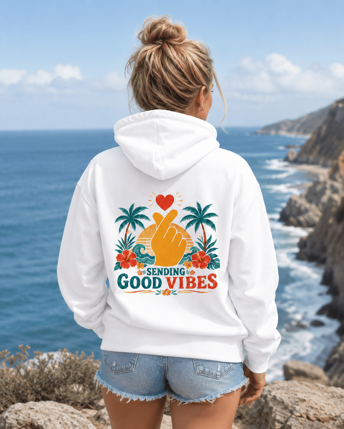 White hoodie with hood and back Good Vibes palm-heart graphic