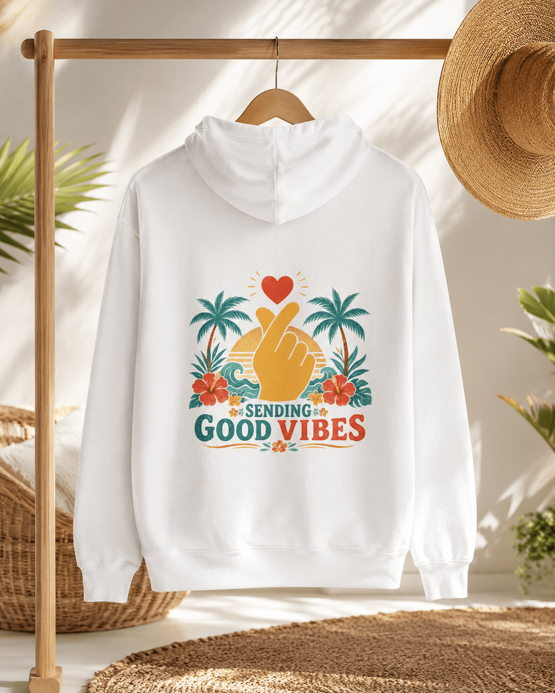 White hoodie with hood, kangaroo pocket, and colorful Good Vibes graphic