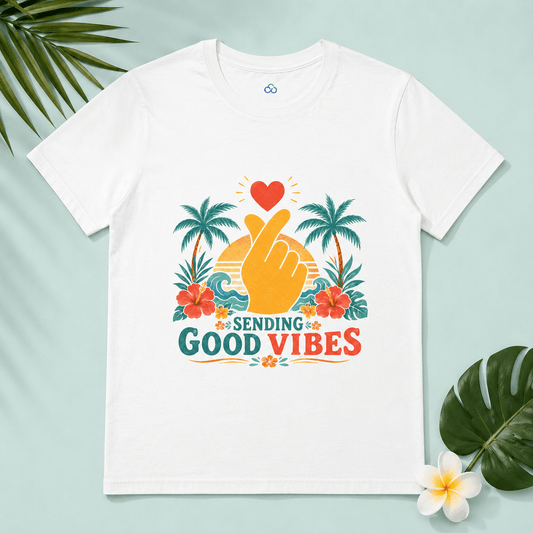 White Sending Good Vibes T-shirt with heart-and-hand graphic and palm flowers