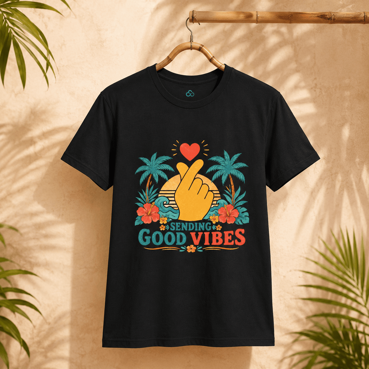Black Sending Good Vibes T-shirt with heart-and-hand graphic and palm flowers