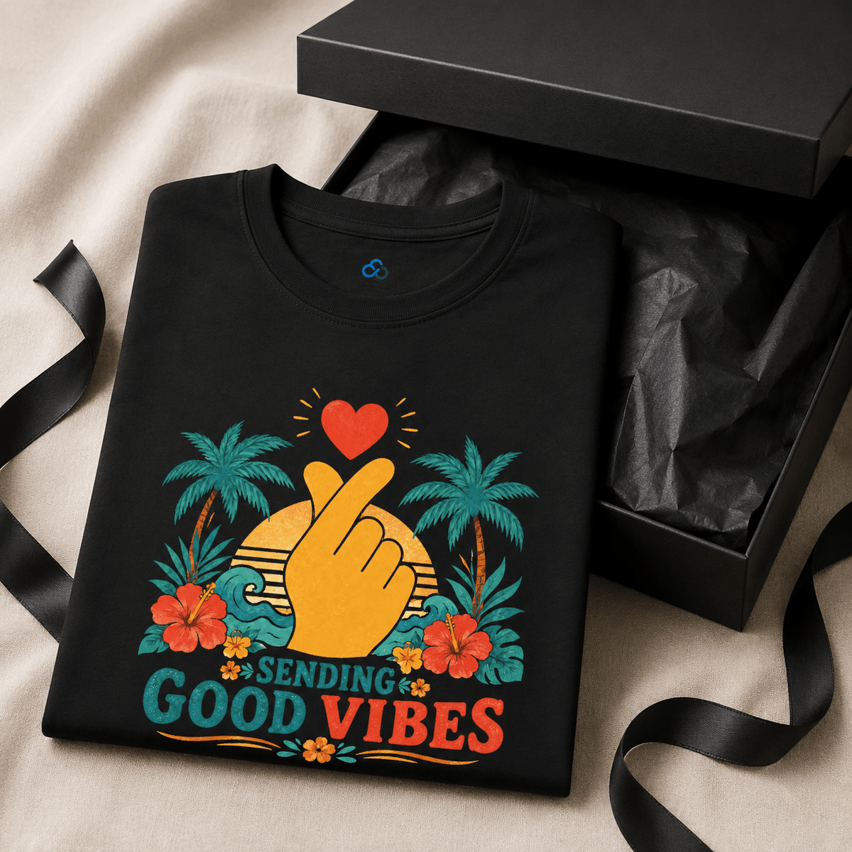 Black crewneck T-shirt with heart, peace-hand, palm trees and "Good Vibes" text