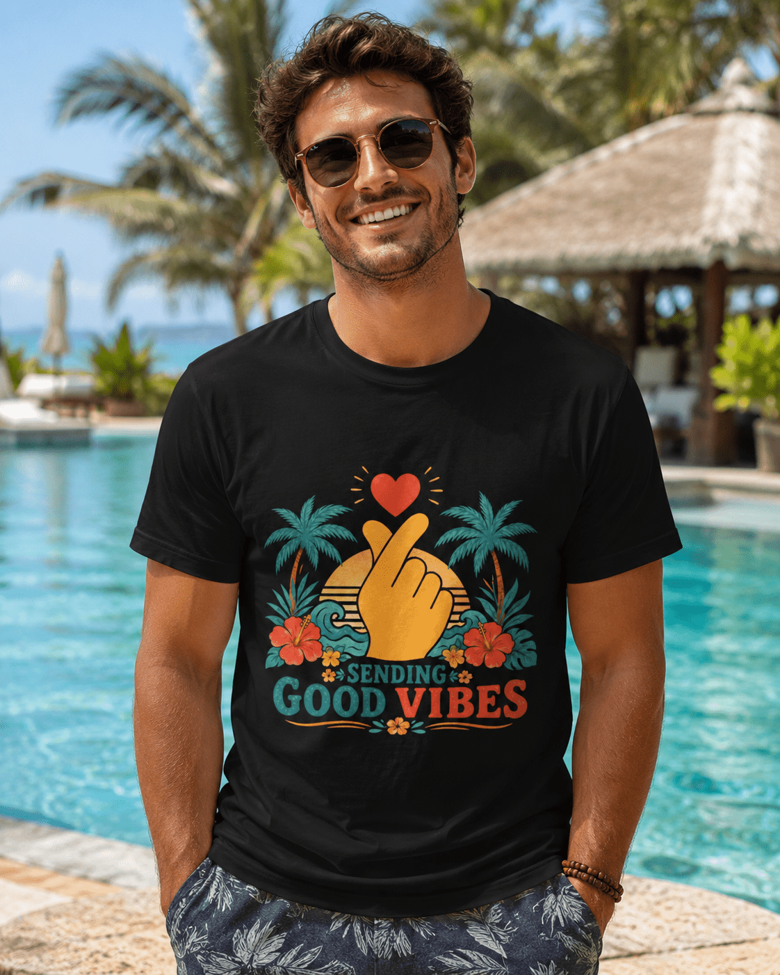 Black graphic T-shirt with colorful heart-and-hand "Good Vibes" print