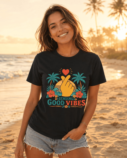 Black Sending Good Vibes T-shirt with heart-and-hand tropical floral graphic