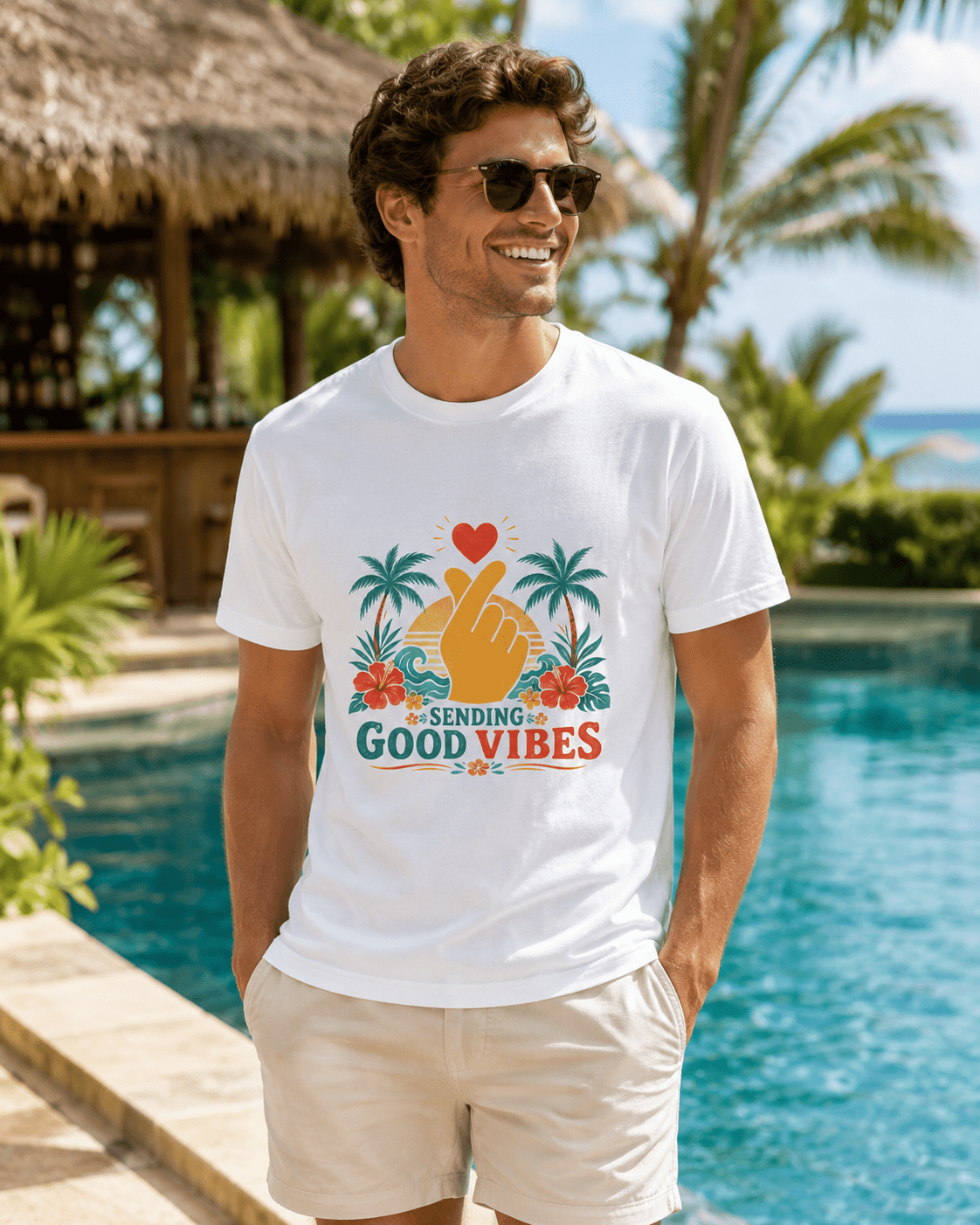 White Sending Good Vibes T-shirt with colorful palm and hand heart front print