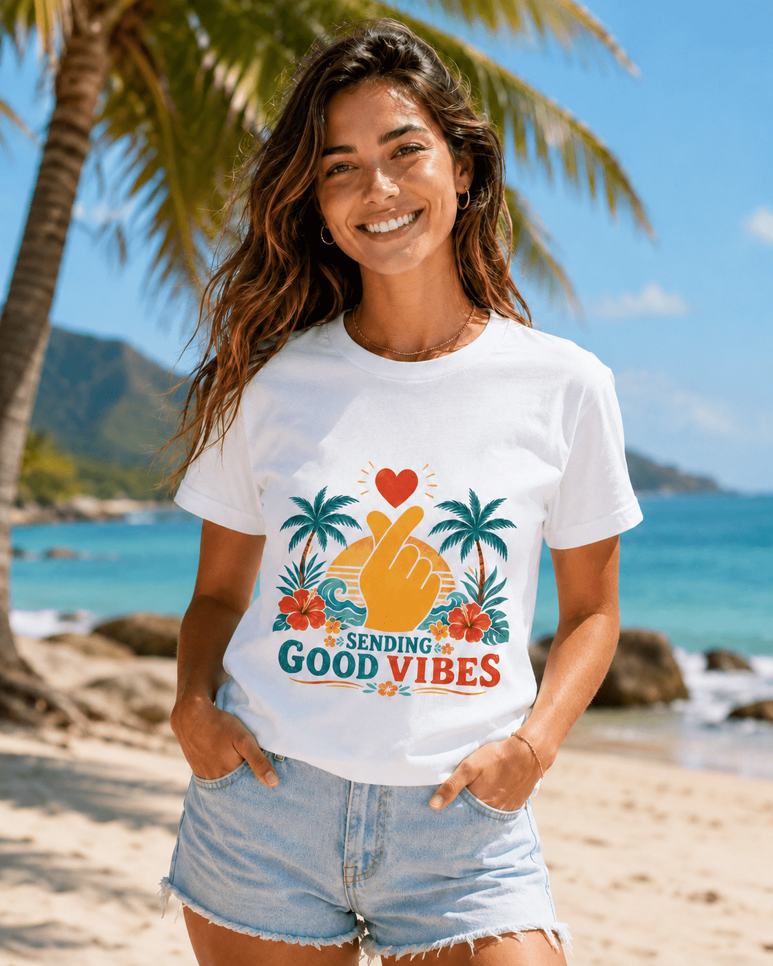 White Sending Good Vibes T-shirt with palm tree and hand heart graphic