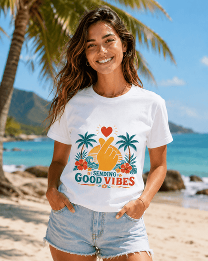 White Sending Good Vibes T-shirt with palm tree and hand heart graphic