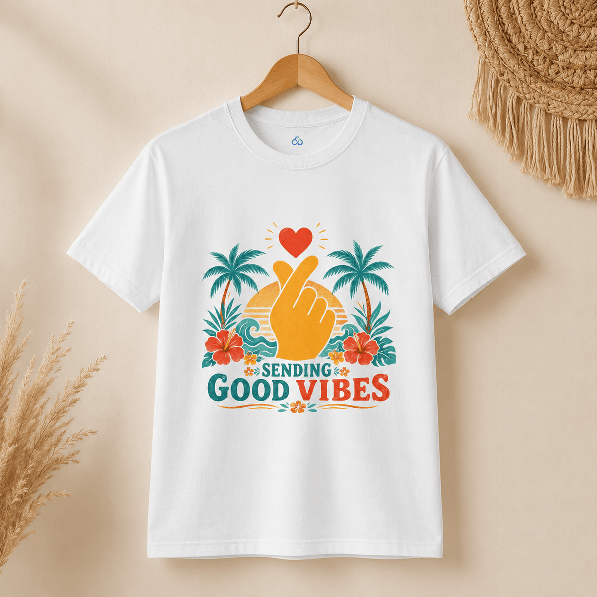 White Sending Good Vibes T-shirt with centered palm floral heart-and-hand graphic