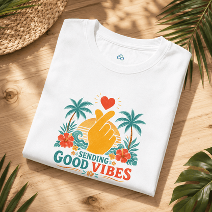 White Sending Good Vibes T-shirt laid flat with heart-and-hand tropical floral print