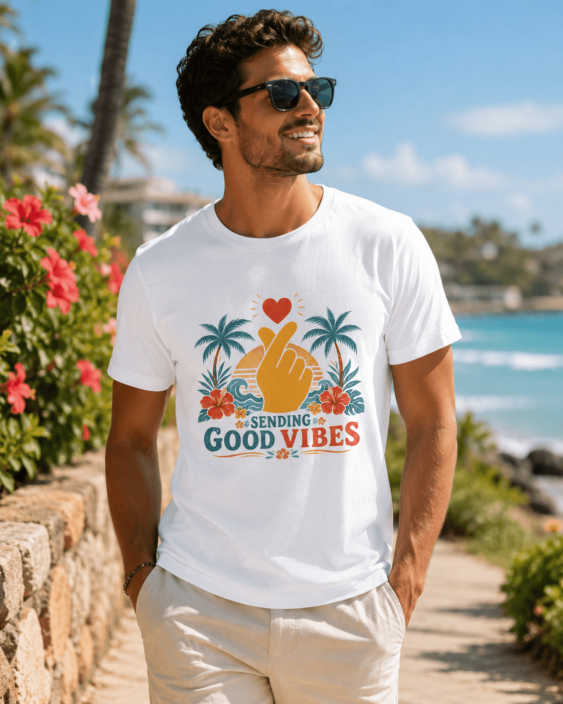 White Sending Good Vibes T-shirt with tropical palm and heart hand front design