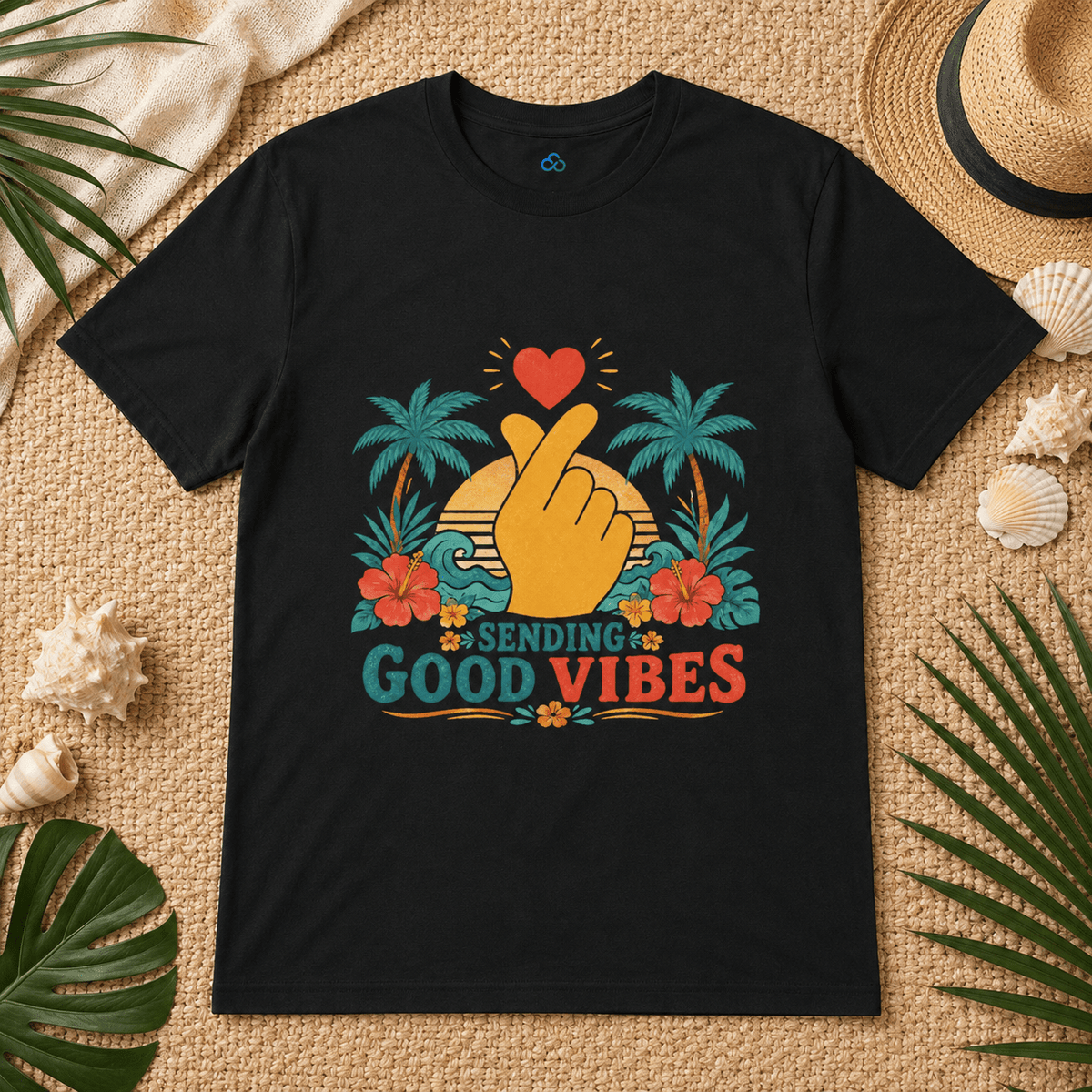 Black crewneck T-shirt with "Sending Good Vibes" heart and peace-hand illustration
