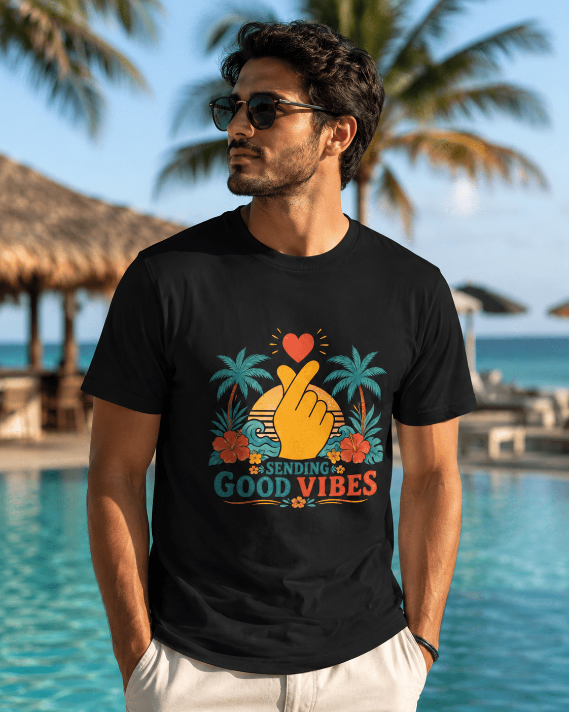 Black Sending Good Vibes T-shirt with tropical palm and heart-hand front print