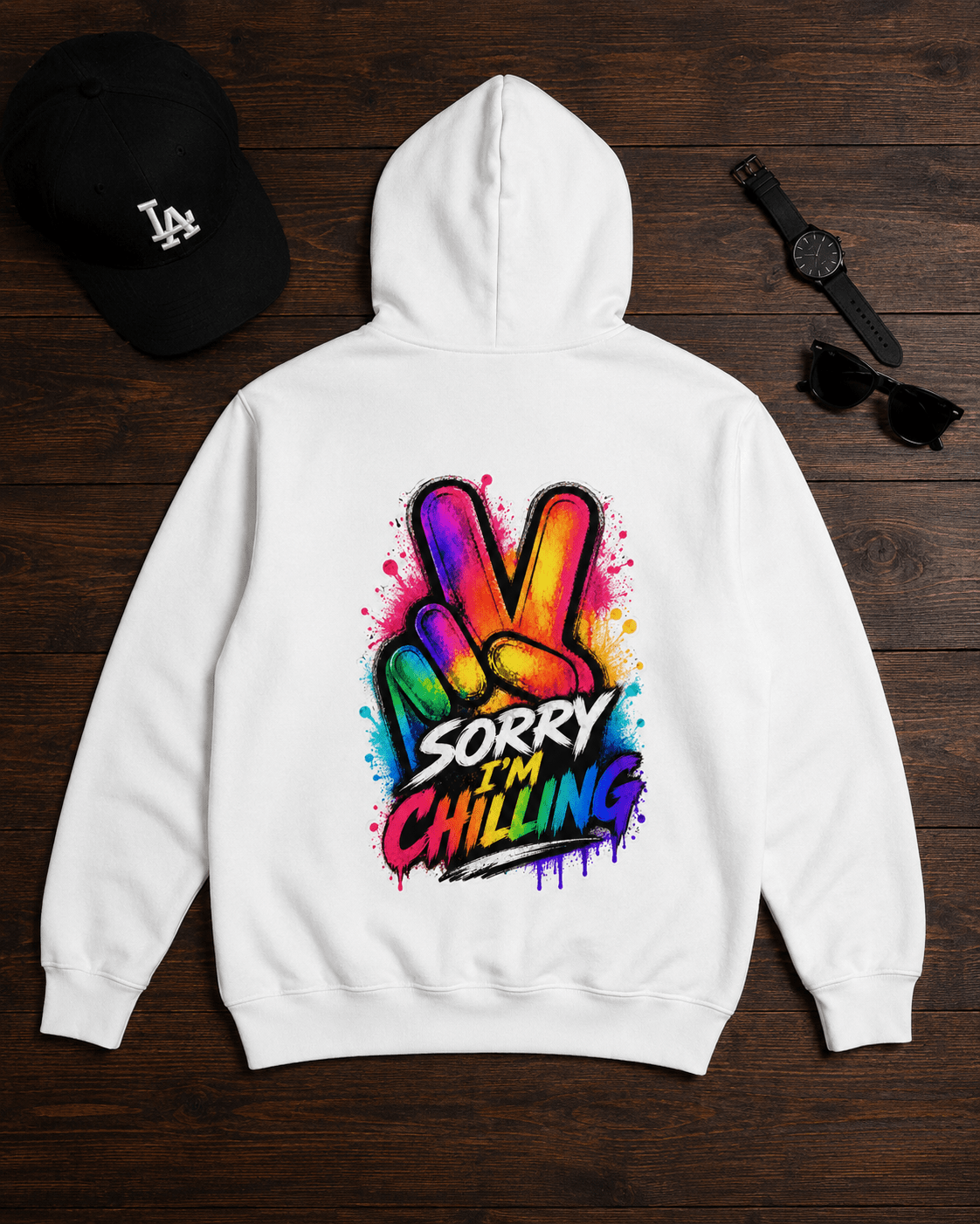 White hoodie with colorful Sorry I'm Chilling back graphic and hood