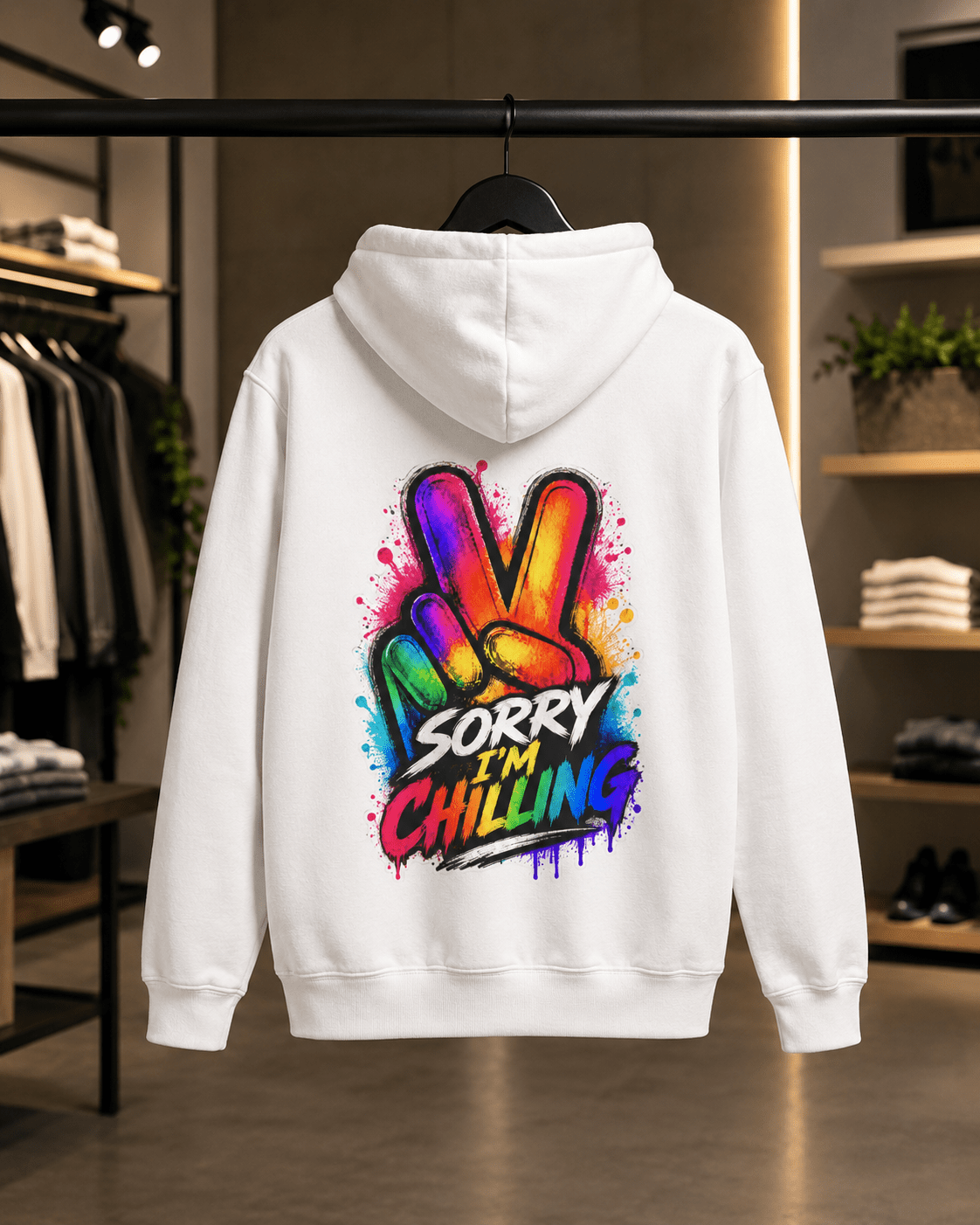 White hoodie on hanger with Sorry I'm Chilling back graphic