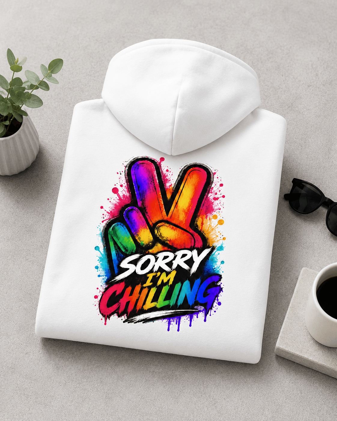 Folded white hoodie with Sorry I'm Chilling colorful back graphic and hood