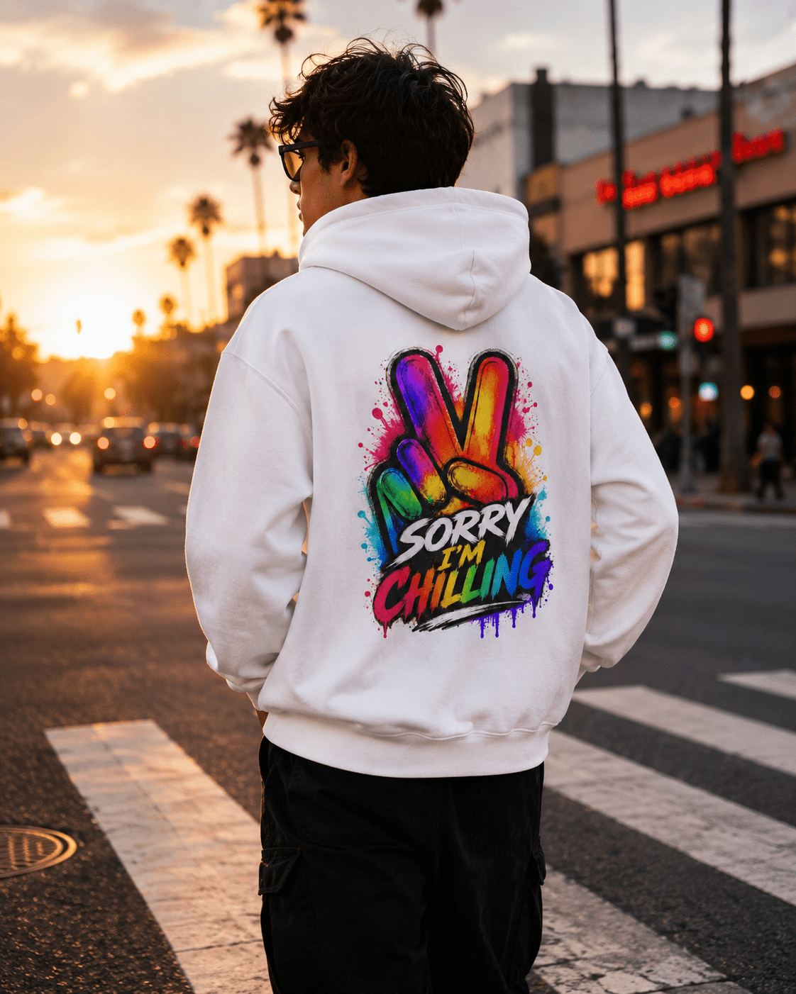 White hoodie back view with Sorry I'm Chilling colorful graphic