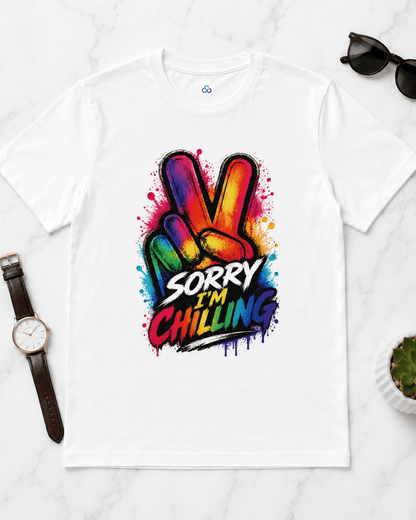 White T-shirt with colorful “Sorry I’m Chilling” graffiti-style front graphic