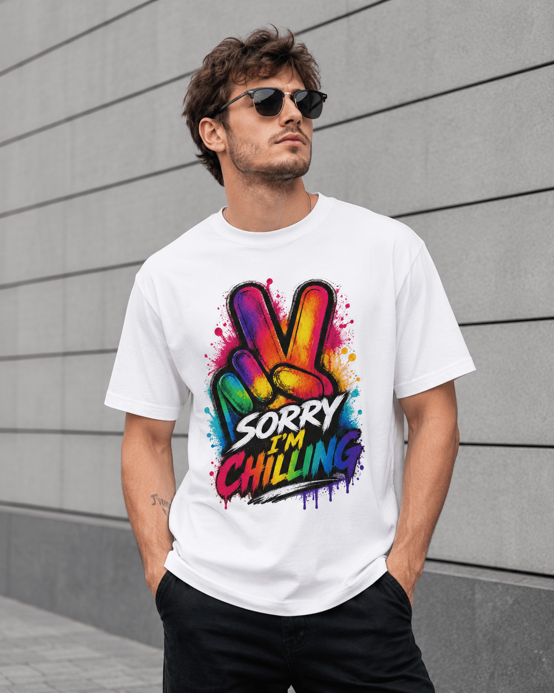 White crew-neck T-shirt with colorful “Sorry I’m Chilling” graffiti-style front graphic