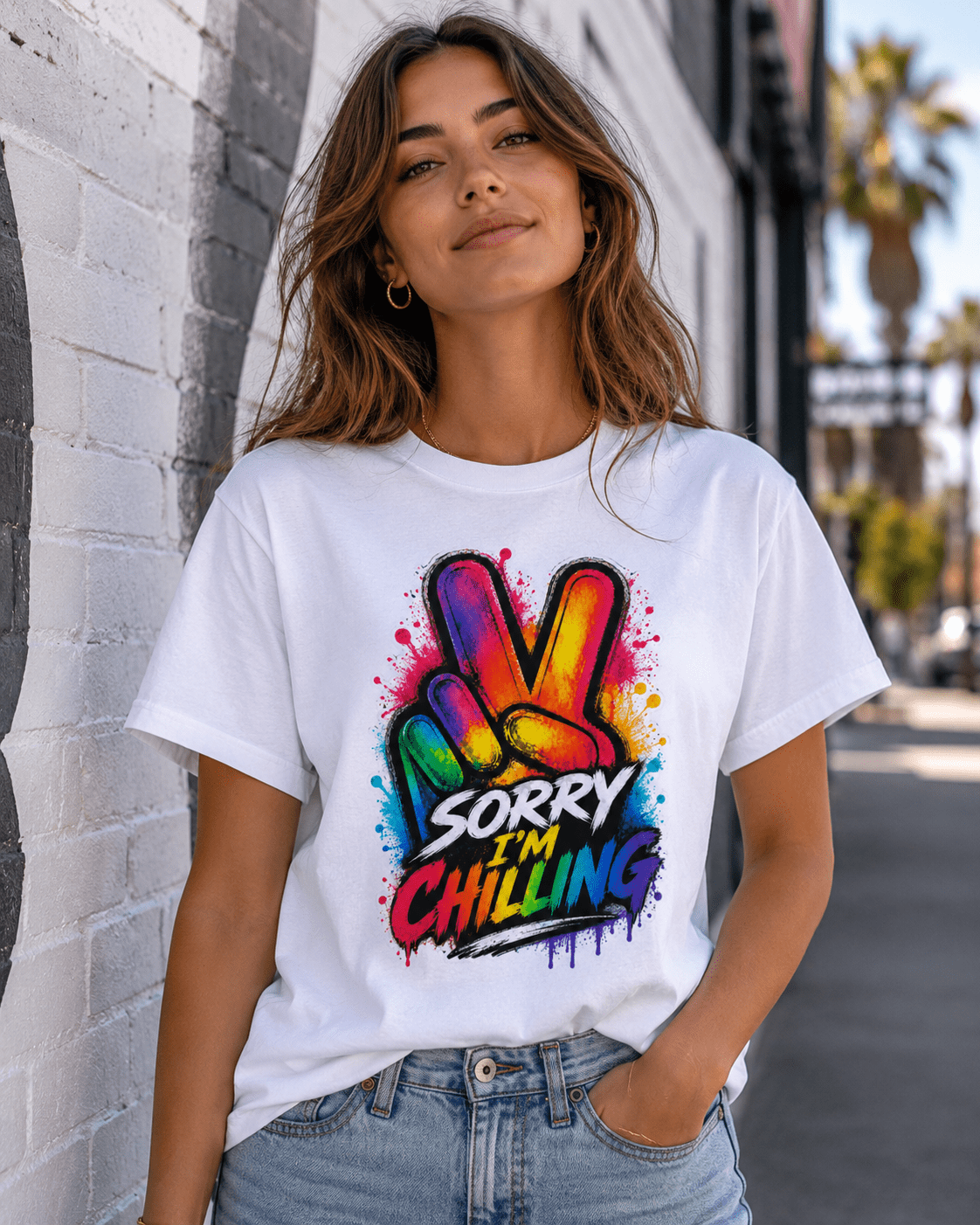 White crew-neck T-shirt with colorful “Sorry I’m Chilling” graffiti-style front graphic