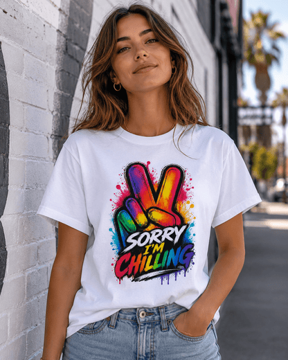 White crew-neck T-shirt with colorful “Sorry I’m Chilling” graffiti-style front graphic