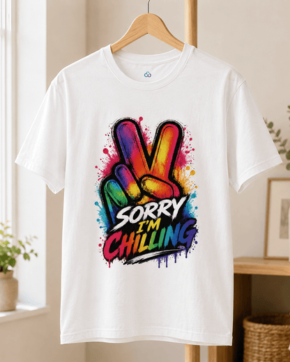 White T-shirt on hanger with colorful “Sorry I’m Chilling” graffiti-style front graphic