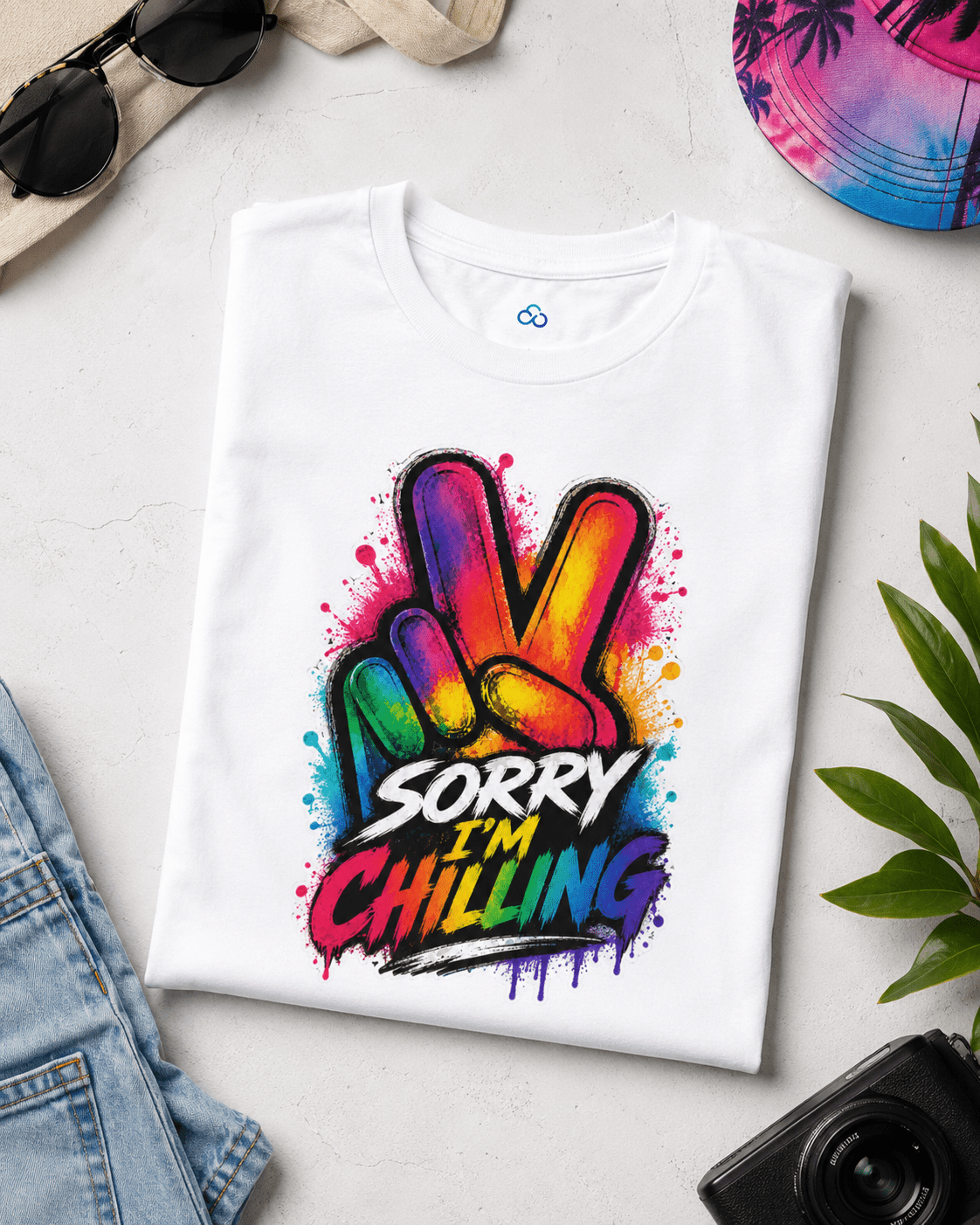 White T-shirt with colorful “Sorry I’m Chilling” graffiti-style front graphic, short sleeves