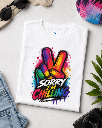 White T-shirt with colorful “Sorry I’m Chilling” graffiti-style front graphic, short sleeves