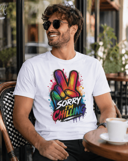White crew-neck T-shirt featuring the colorful “Sorry I’m Chilling” front graphic