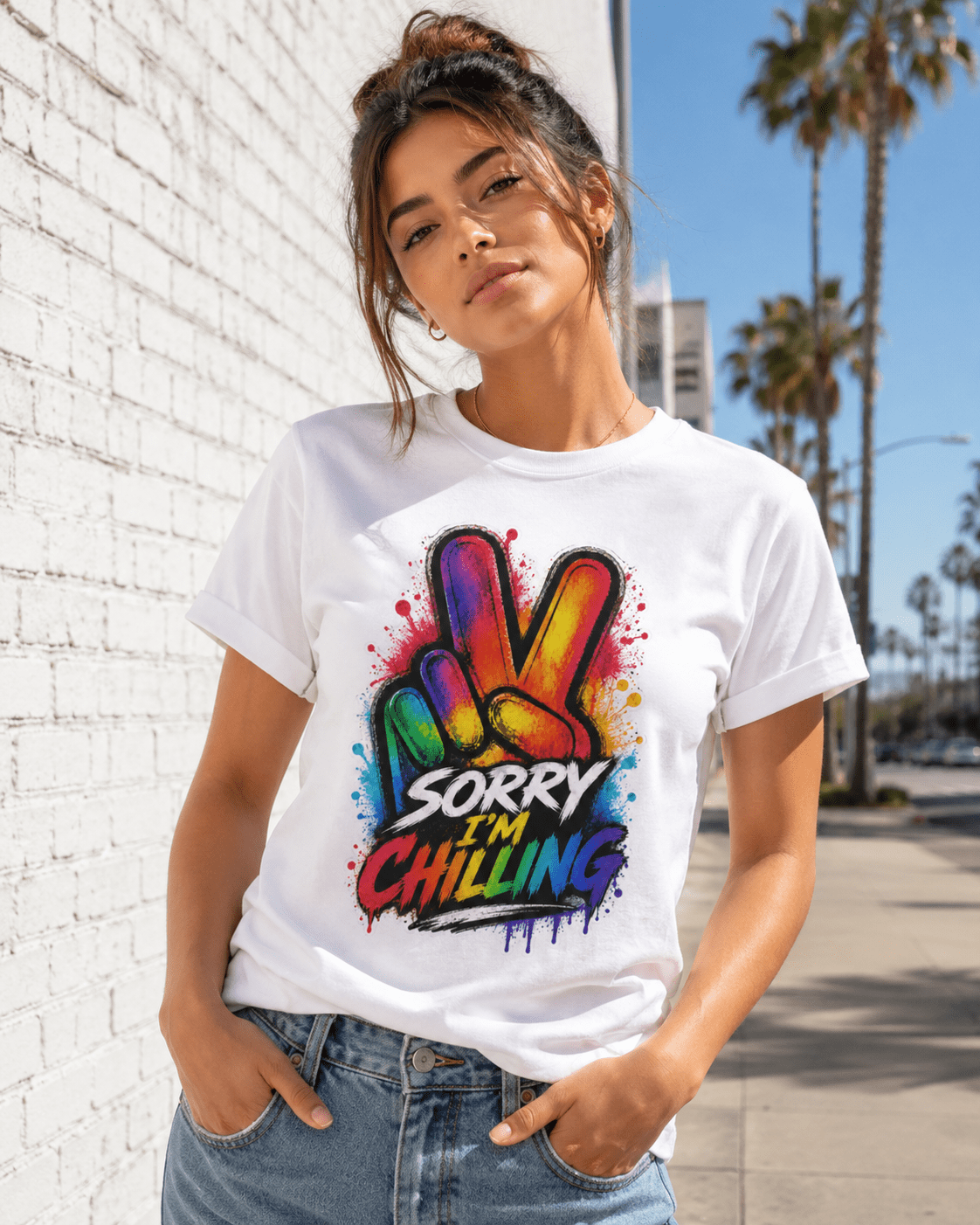White T-shirt with colorful “Sorry I’m Chilling” front graphic and crew neck