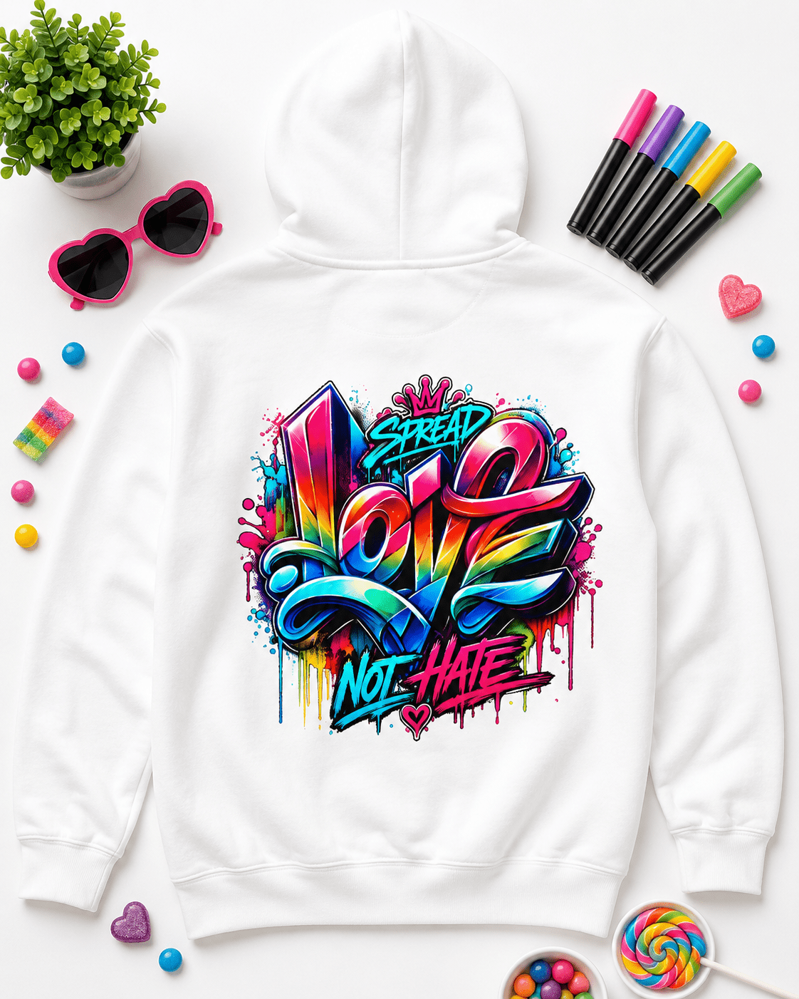 White pullover hoodie with colorful back slogan graphic and kangaroo pocket
