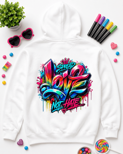 White pullover hoodie with colorful back slogan graphic and kangaroo pocket