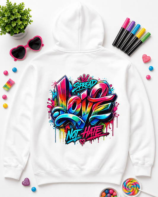 White pullover hoodie with colorful back slogan graphic and kangaroo pocket