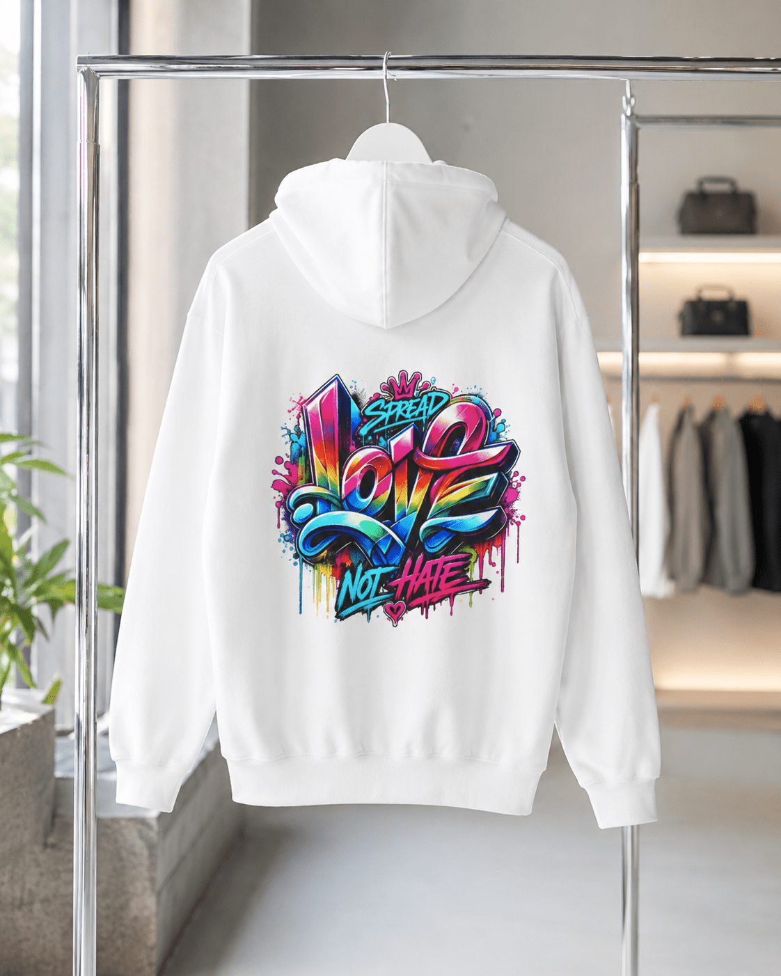 White pullover hoodie, back view with colorful heart-and-slogan graphic